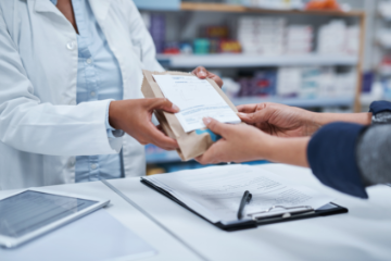 Pharmacist hands prescription pharmaceuticals to patient.