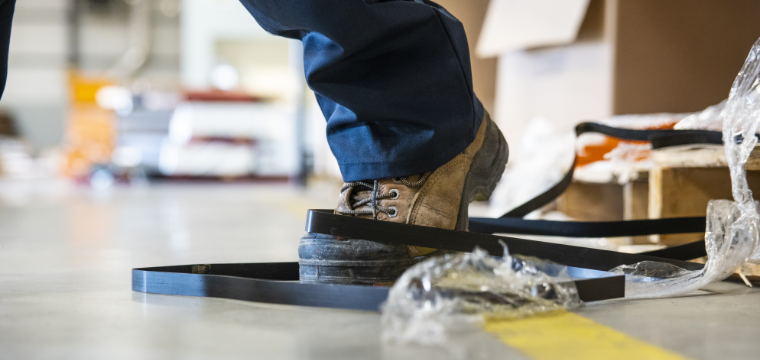 Person wearing a boot and blue jeans tangled up in packaging materials right before a workplace injury