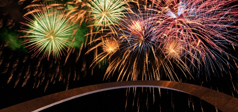 fireworks in the sky over the St. Louis Arch